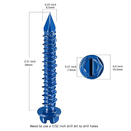 Wensilon 1/4" * 1-3/4" Slotted Hex Concrete Screws Anchor Blue Hexagon Head - Image 2
