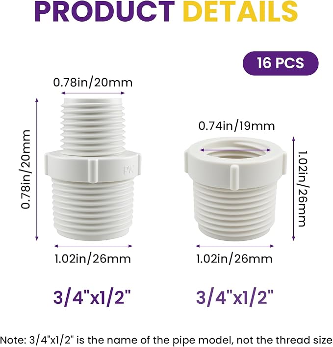 16Pcs PVC Pipe Fittings Reducer Bushing Coupling, 1/2" to 3/4" Male to - Image 2