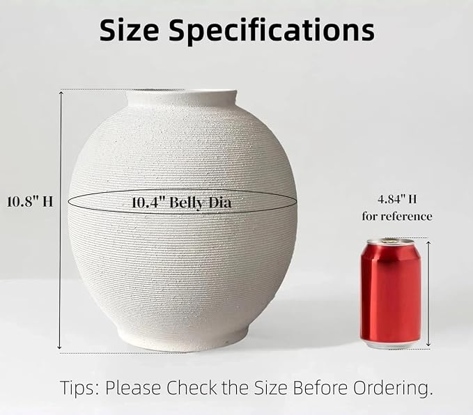 Large White Ceramic Vase, 10.8" Sandstone White | Round Rustic Table Vase - Image 2