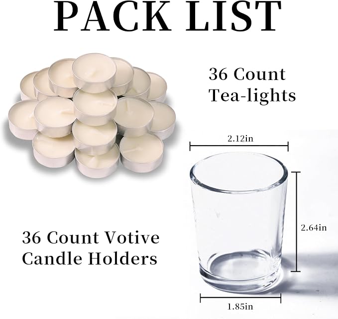Letine 36-Pack Glass Votive Holders & White Tealights – Clean-Burning Smokeless - Image 2