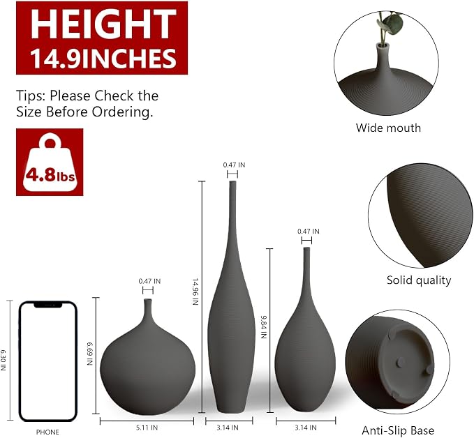 Relexome Black Ceramic Vase Modern Boho Wabi-Sabi Flower Vase Set of 3 - Image 2
