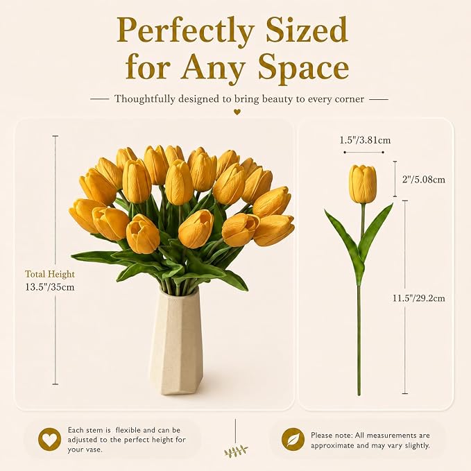 Mandy's 20pcs Artificial Gold Tulips | 13.5 Inch Lifelike PU Tulips Faux Floral - Image 3