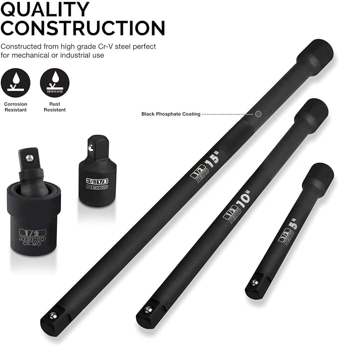Neiko 00256A 1/2-Inch Drive Impact Extension Bar and Adapter Set, 5-Piece | - Image 2