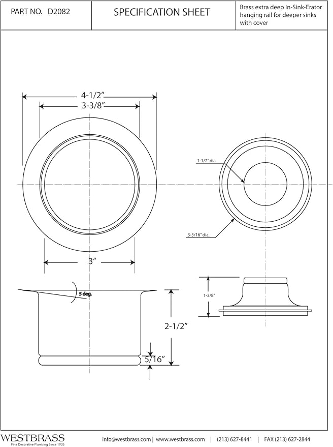 Westbrass D2082-12 3-1/2" Extra-Deep Collar Kitchen Sink Waste Disposal Flange - Image 2