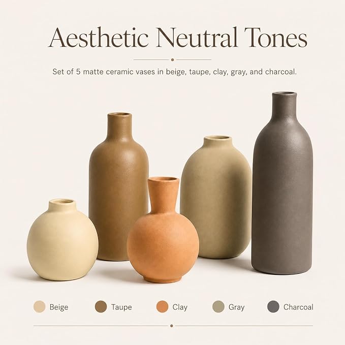 Neutral Ceramic Vase Set – 5 Matte Earth-Tone Vases - Image 2