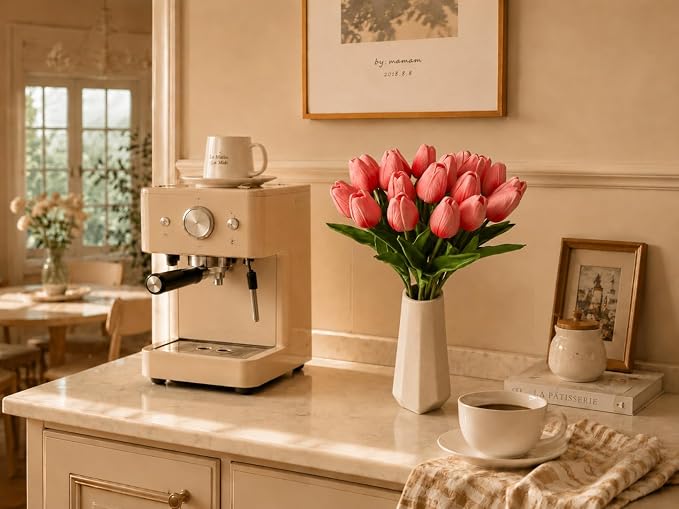 Mandy's 20pcs Artificial Coral Pink Tulips | 13.5 Inch Lifelike PU Tulips Faux - Image 5
