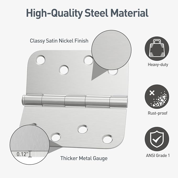HOSOM 6 Pack Rounded Door Hinges 4 Inch 5/8'' Radius Corner, Satin Nickel - Image 4