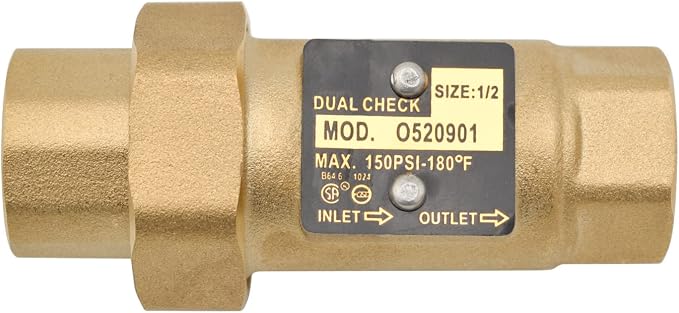 Brass Dual Check Valve, 1/2" FNPT, Solid Brass, Max 150PSI-180°F by HYDROMASTER