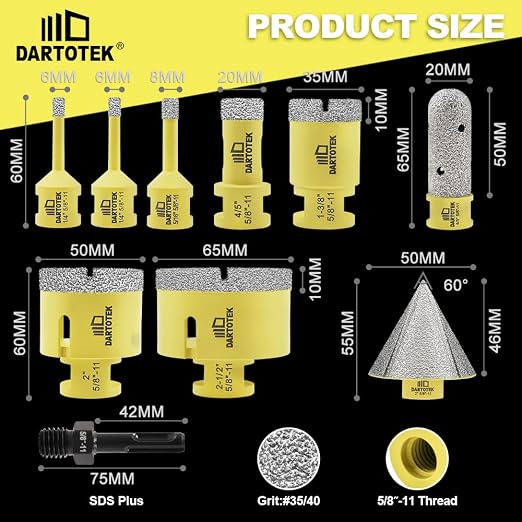 Diamond Core Drill Bits Set for Tile, DARTOTEK 10PCS Porcelain Hole Saw Kit - Image 2