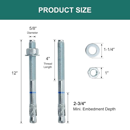 5/8" x 12" Concrete Anchors 5/8 inch Wedge Anchors Bolts Zinc Plated - Image 2