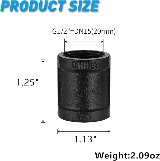 1/2" Black Painted Coupling, Home TZH 20 Pack 1/2" Female Threaded Cast Iron - Image 2