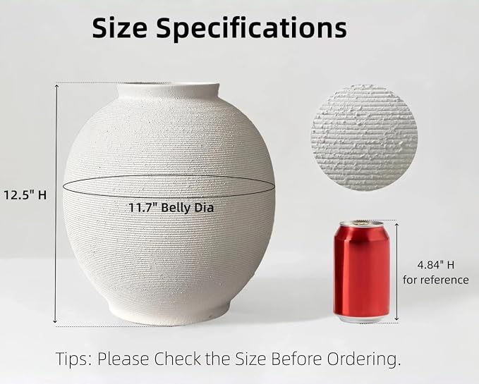 Extra Large White Ceramic Vase, 12.5" H Sandstone White | Round Farmhouse Design - Image 2