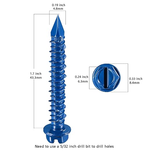 Wensilon 3/16" * 1-3/4" Slotted Hex Concrete Screws Anchor Blue Hexagon Head - Image 2