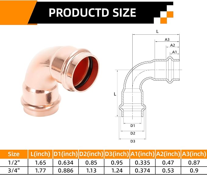 1/2" 90° Press Fittings Elbow for Copper Pipe Repair 10 Pack | Lead-free copper - Image 2