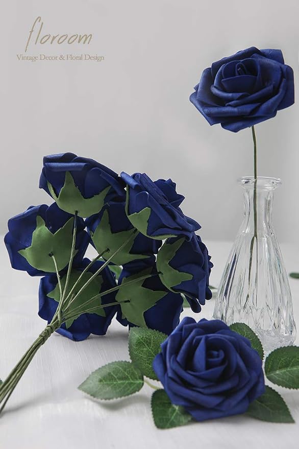 Artificial Flowers 25pcs Real Looking Royal Blue Foam Fake Roses - Image 3