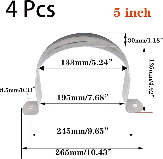 4 Pcs 5inch Rigid Pipe Strap, Two Hole Stainless Steel Strap U Bracket - Image 2