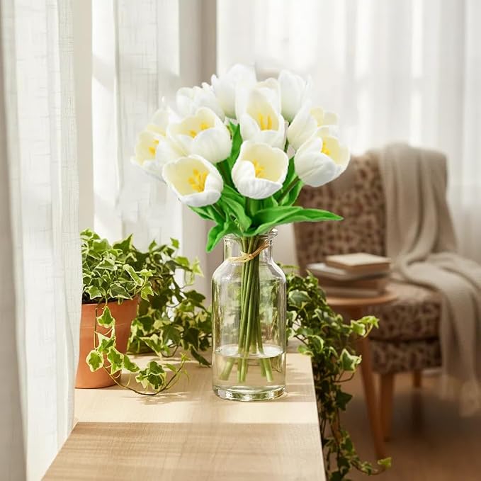 Mandy's 12pcs Artificial Cream Open Tulips | 13.5 Inch Lifelike PU Tulips Faux - Image 7