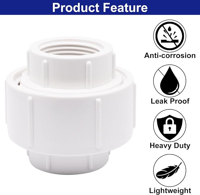 3/4 inch PVC Pipe Union Fittings, PVC Connectors Female Thread Coupling - Image 3