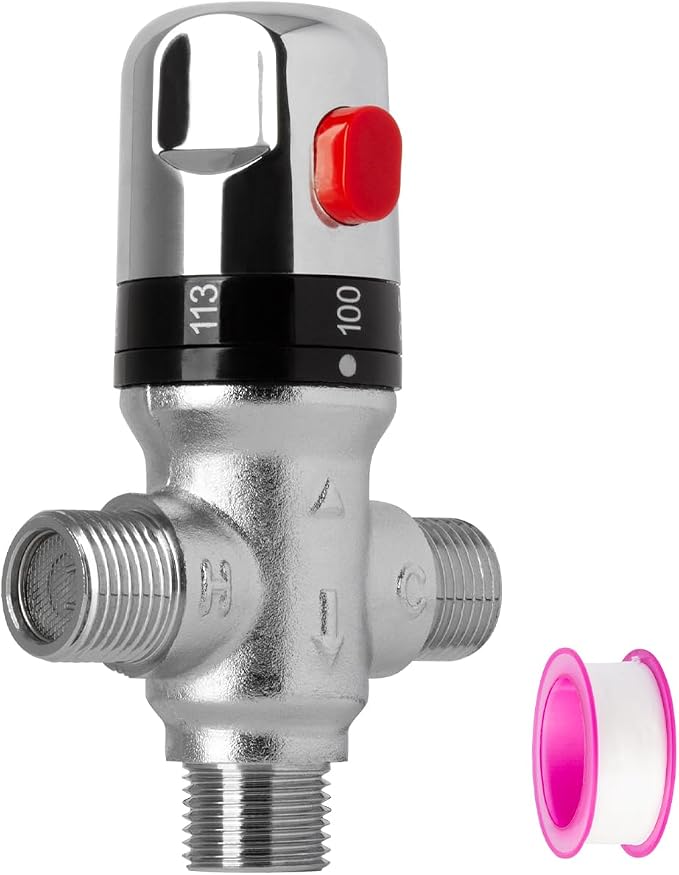 Thermostatic Mixing Valve with 1/2" NPT Thread, Chrome Plated Brass Temperature by Q-Hillstar