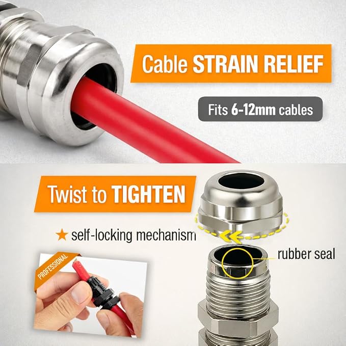 1/2" NPT Brass Cable Gland, Metal Cord Grip Strain Relief - Image 4