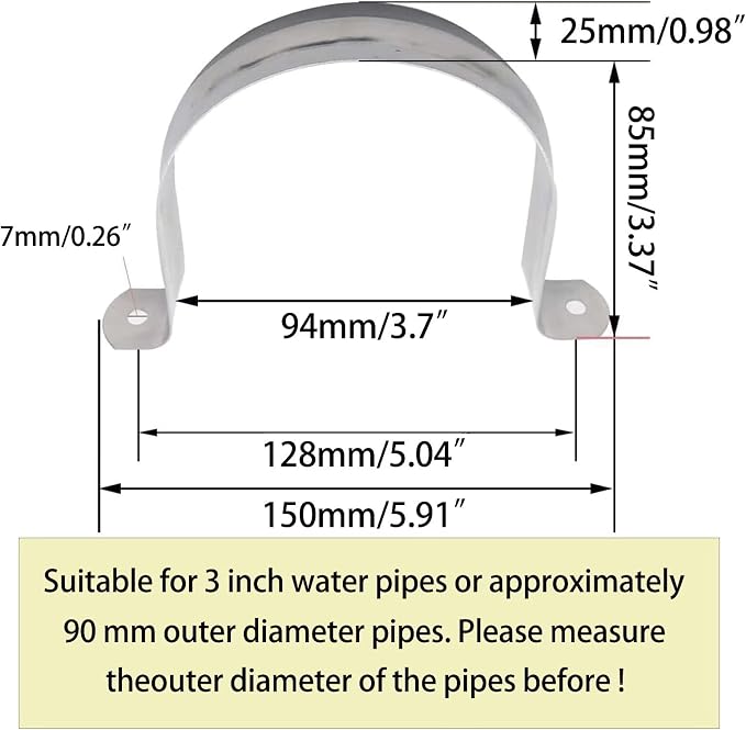 3inch Rigid Support Pipe Strap, 2 Hole U-Tube Strap Clamp, Stainless Steel - Image 2