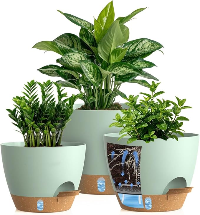 Self Watering Pots with Drainage Holes, 3 Pack 12/10/8 Inch Plant Pots with by KUGAZ