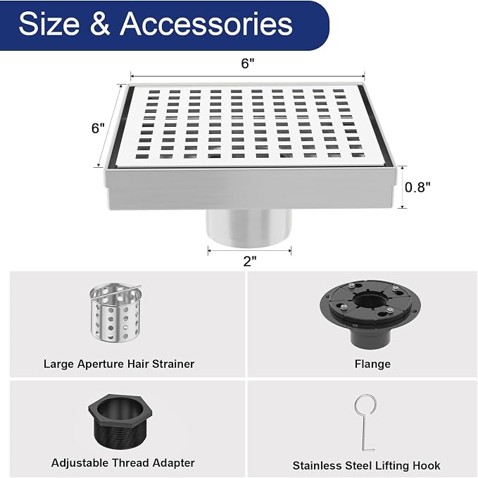 6 Inch Brushed Nickel Square Shower Drain - Image 2
