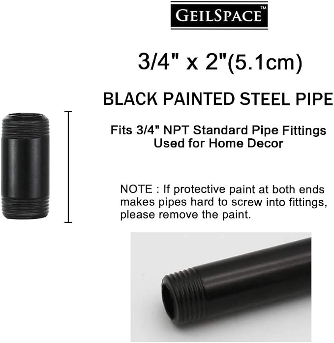6 Pack 3/4" × 2" Pre-Cut Black Metal Pipe, Industrial Steel Fits Standard Three - Image 2