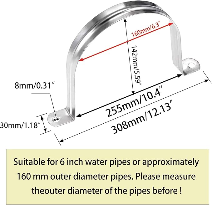 6inch Rigid Support Pipe Strap, 2 Hole U-Tube Strap Clamp, Stainless Steel - Image 2