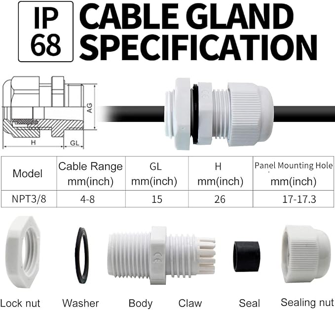 30-Pack 3/8" NPT Cable Glands, IP68 Waterproof Nylon PA66 Strain Relief Cord - Image 2