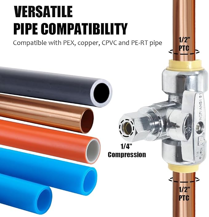 TTFLEX 1/2" x 1/2" x 1/4" Tee Valve Push to Connect Shut Off Valve 1/4 Turn | - Image 4