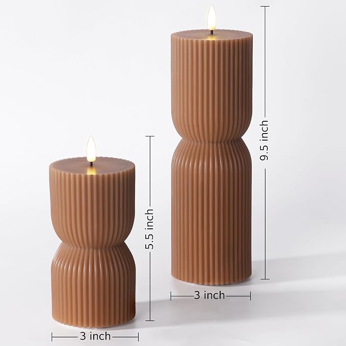 Brown Ribbed Fall Flameless Pillar Candles - Image 2