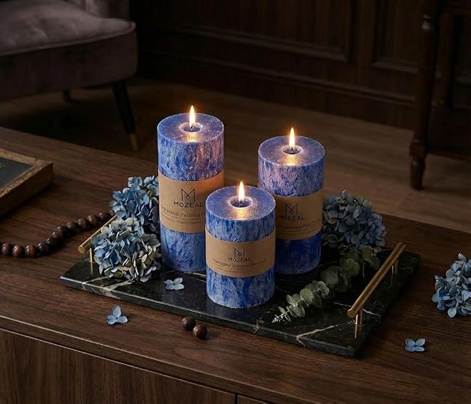 MOZEAL Hand-Poured, Unscented Blue Crystal Pillar Decorative Candles, Elegant - Image 5