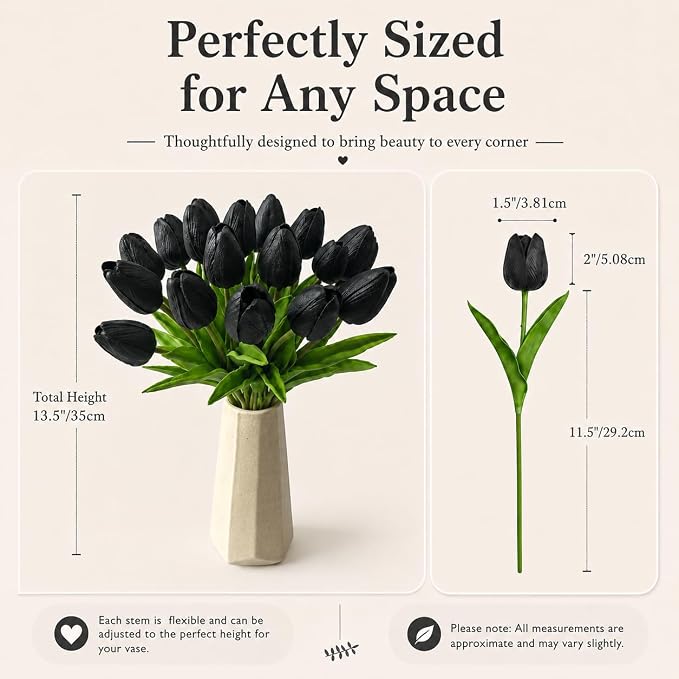 Mandy's 20pcs Artificial Black Tulips | 13.5 Inch Lifelike PU Tulips Faux - Image 3