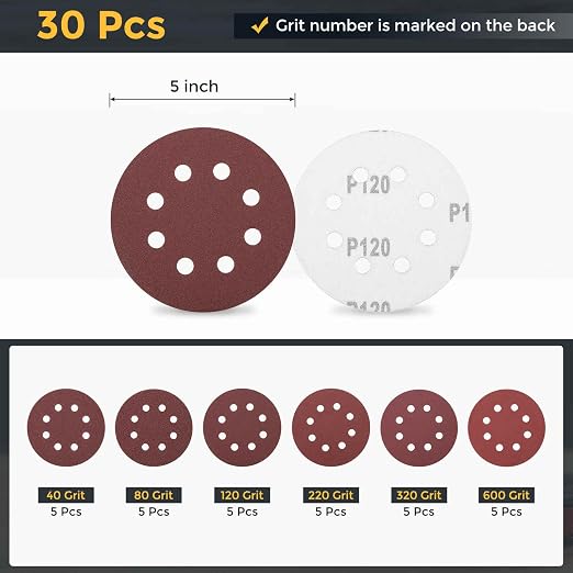 HARFINGTON 30Pcs 5Inch Sanding Disc 8 Hole Hook and Loop Sandpaper Red | - Image 2