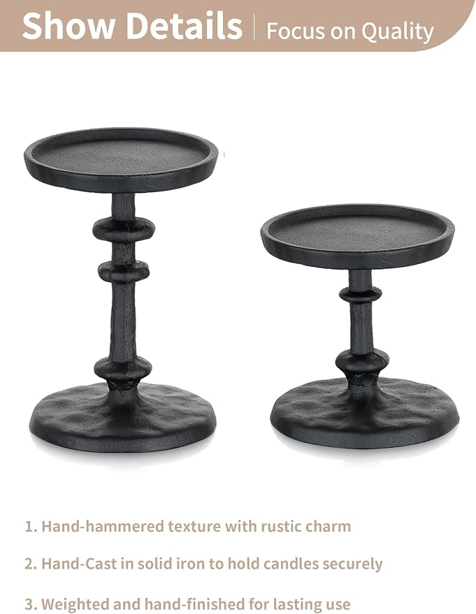 NUPTIO Pillar Candle Holder Black: Solid Cast Iron Candle Stand | Hammered - Image 5