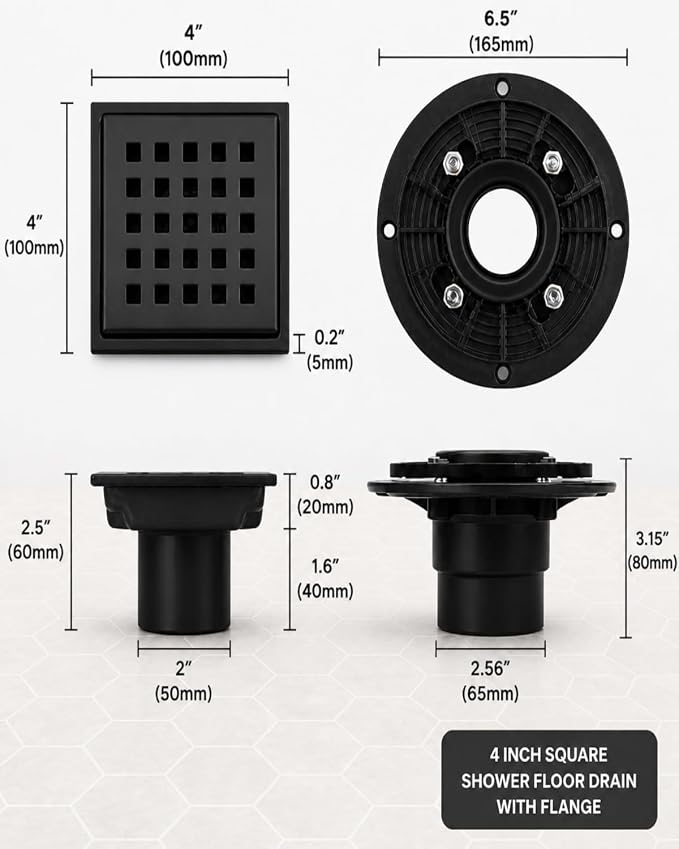 4" Matte Black Shower Drain, Square Shower Floor Drain - Image 2
