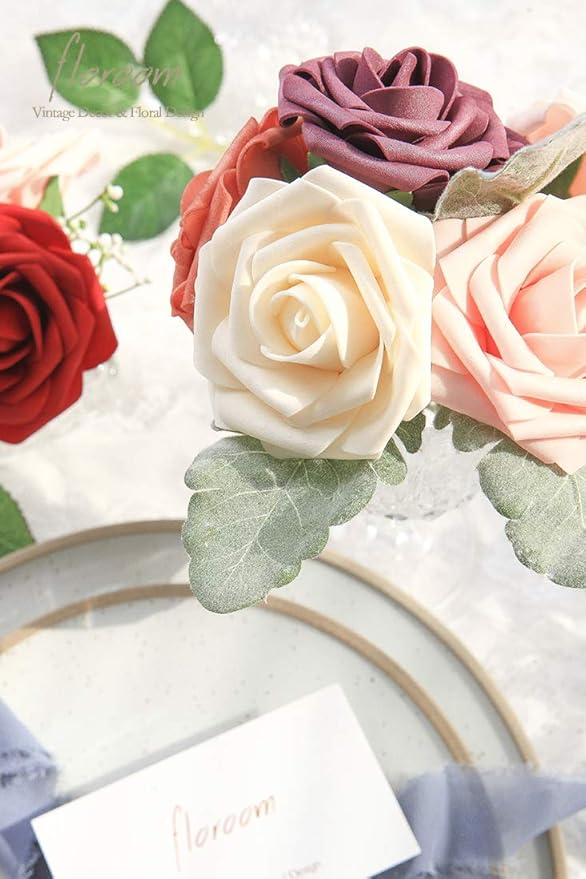 Artificial Flowers 25pcs Real Looking Champagne Foam Fake Roses - Image 3