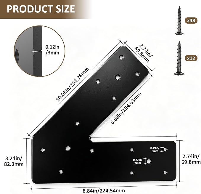 Black Heavy Duty V Post Brackets, Flat Mending Plate - Image 2
