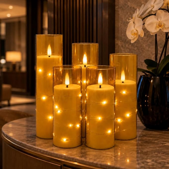 5 Pack Champagne Transparent Acrylic Flameless Taper Candles, Flickering Black - Image 2