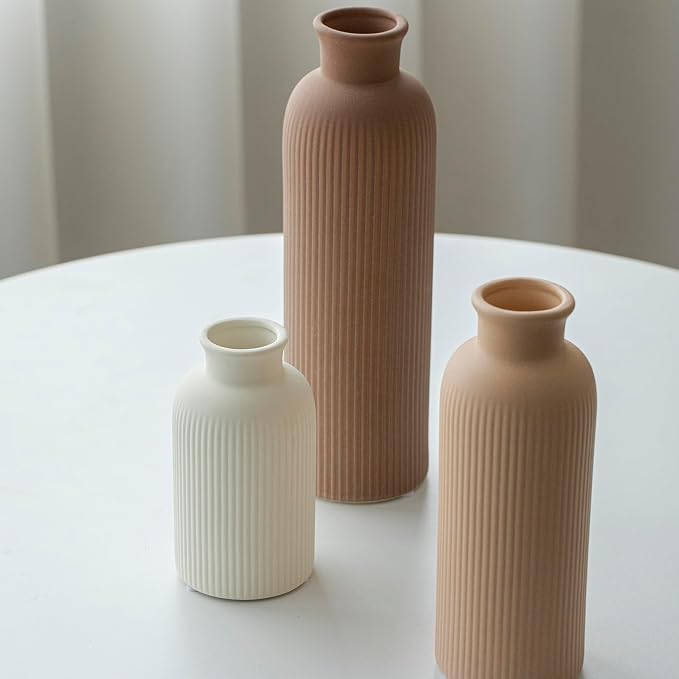 Modern Ceramic Vase Set, Earth Tone Natural Color Ribbed Matte Design, 3-Piece - Image 4