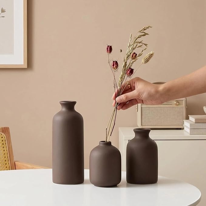 Small Ceramic Vase Set of 3, Modern Boho Farmhouse Flowers Vases | Decorative - Image 4