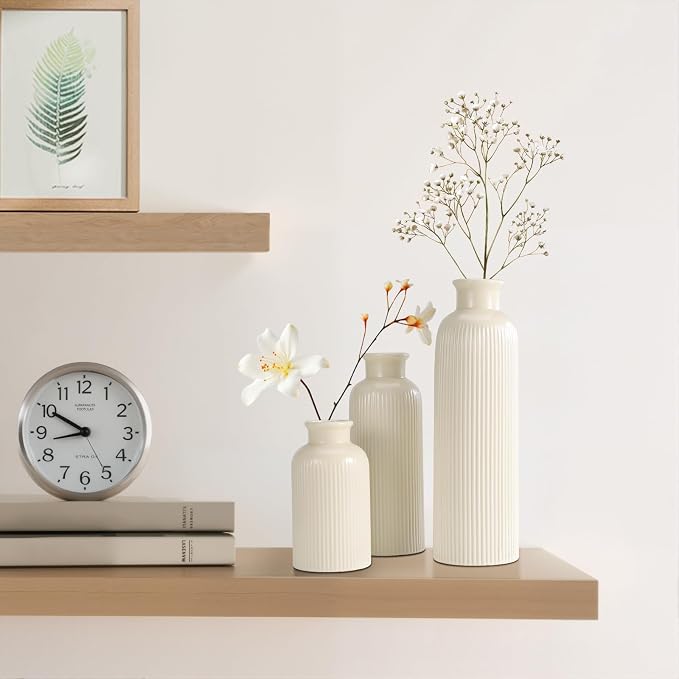 Small Beige Ceramic Vase Set of 3, Boho Modern Beige Flower Vase Room Decor - Image 4