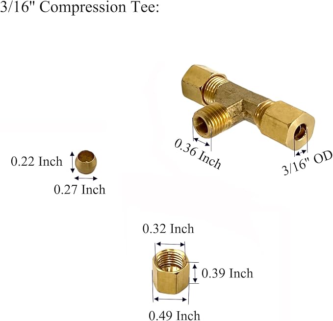 3 Pcs 3/16" OD Brass Compression Fittings, 3/16" OD 3 Way 90 Degree Adapter - Image 2