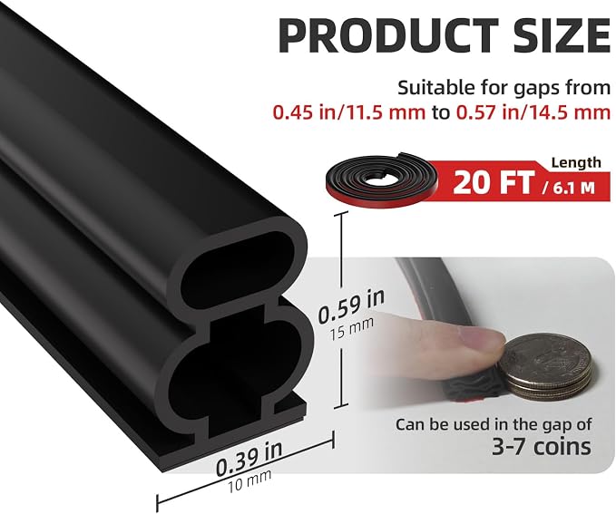 Black D-Shape Weather Stripping 20Ft | Self-Adhesive Rubber Seal Strip - Image 2