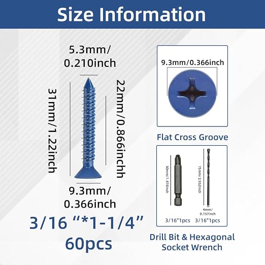 60Pcs 3/16" x 1-1/4”Concrete Screws - Image 2