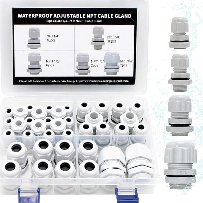 MAKERELE 38pcs NPT Cable Glands Kit Waterproof Strain Relief Connector | Grey by MAKERELE