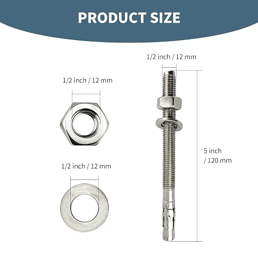 1/2"x5"304 Stainless Steel Wedge Concrete Anchors, Heavy Duty Expansion Bolts - Image 2