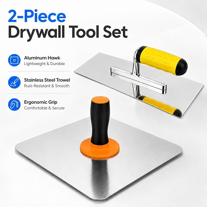 Drywall Hand Tool Kit, 11.8" Aluminum Plaster Hawk & 11.8" x 4.7" Stainless - Image 2