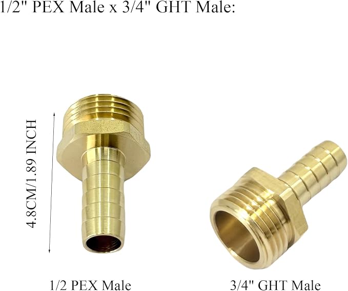 1/2" PEX to 3/4" GHT Male Female Brass Fittings Garden Hose Adapter - Image 2